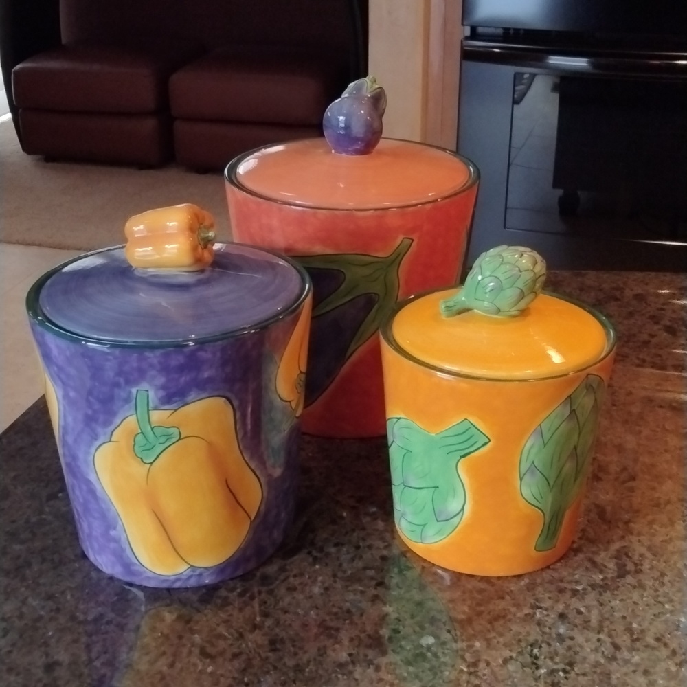 Set of 3 Vintage South San Francisco Clay Art "Vegetable Themed " Canister Set